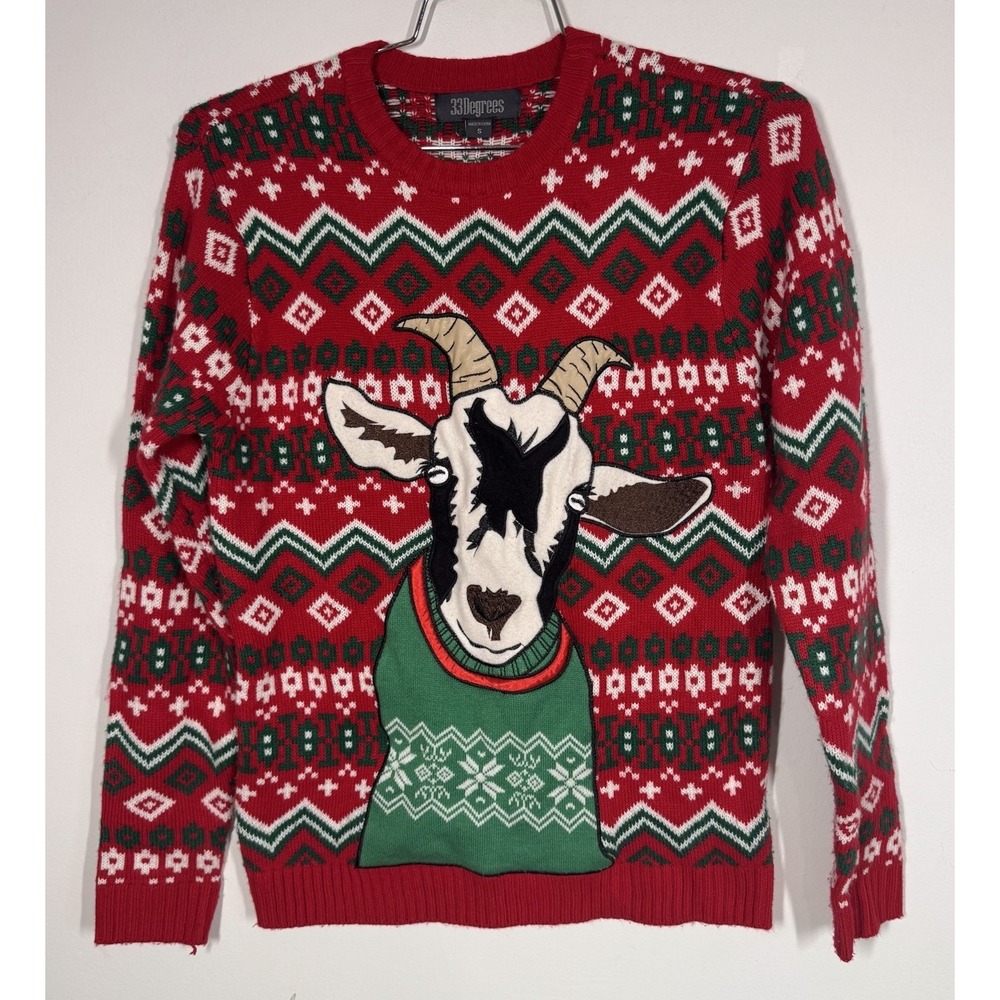 33 Degrees Novelty Ugly Christmas Sweater Fair Isle Goat Men's S Holiday Party